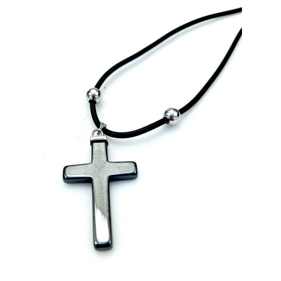 Purple Whale Large Hematite Cross Pendant Leather Necklace Choker - Unisex, Men, Women, 18 inches