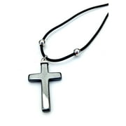 Purple Whale Large Hematite Cross Pendant Leather Necklace Choker - Unisex, Men, Women, 18 inches