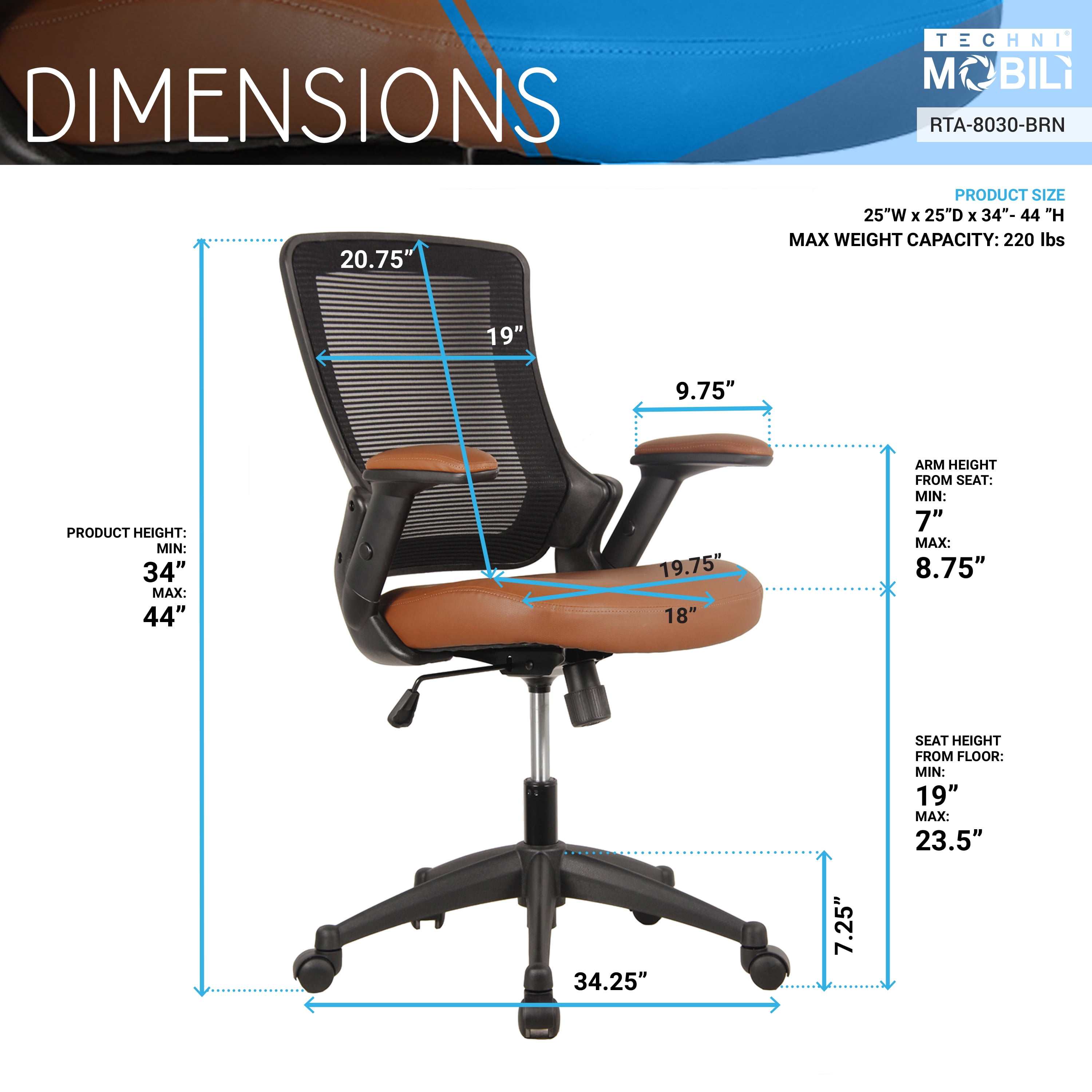 Techni Mobili Mid-Back Mesh Task Office Chair, Brown RTA-8030-BRN