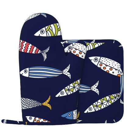 

Oven Mitts and Pot Holders Sets Boho style fish Non-Slip Silicone Oven Gloves Potholders Cotton Lining Heat Resistant Gloves Hot Pads for Kitchen Cooking Baking