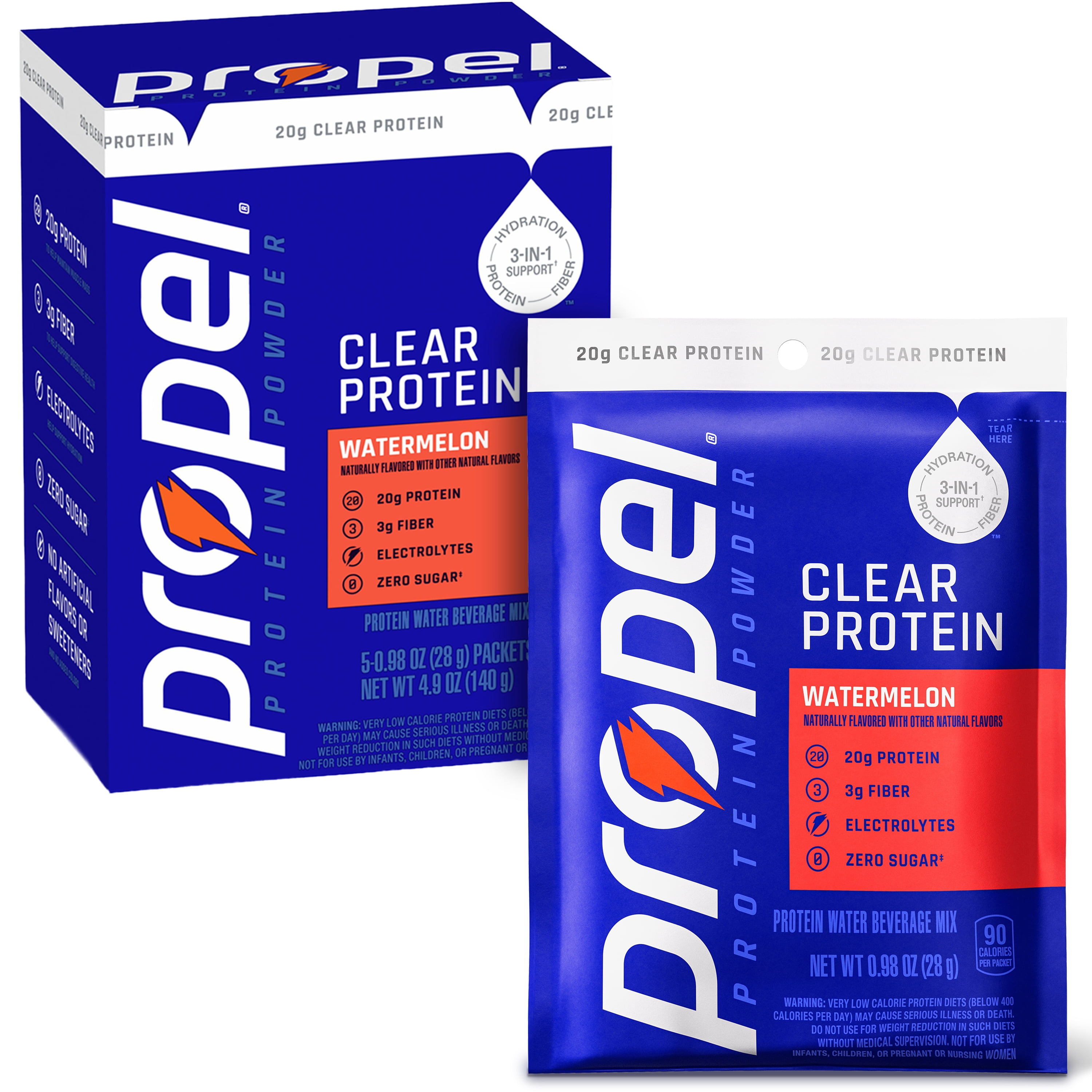 (5 pack) Propel Clear Protein Powder, Watermelon, (5 Servings), 3-in-1 GLP-1 Support: Hydration, 20g Protein, 3g Fiber, Zero Sugar, 90 Calories, No Added Colors, No Artificial Sweeteners or Flavors, 0.98 oz