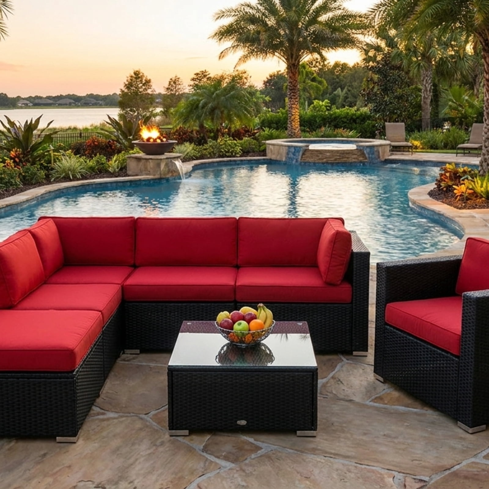 Furnibear 5 Piece Cushioned Patio Rattan Furniture Set with Glass Table, Outdoor Wicker Conversation Set with 4 Chairs for Garden Backyard, Red