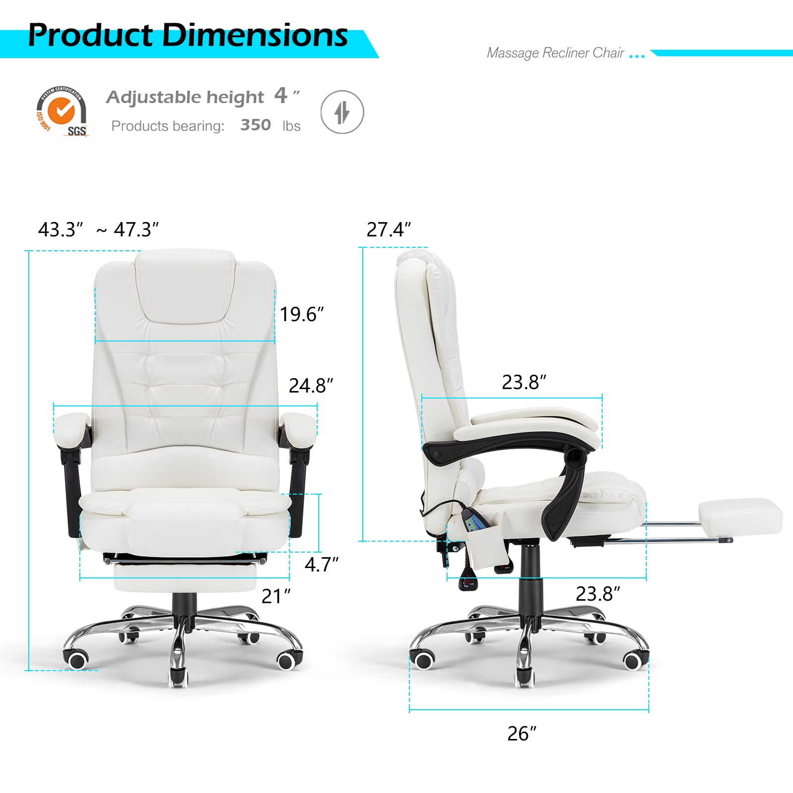 YODOLLA High Back Office Chair Heat & Massage Ergonomic Reclining Desk Chair with Retractable Footrest Executive Swivel Leather Chair for Office,Home,Study,Cream White