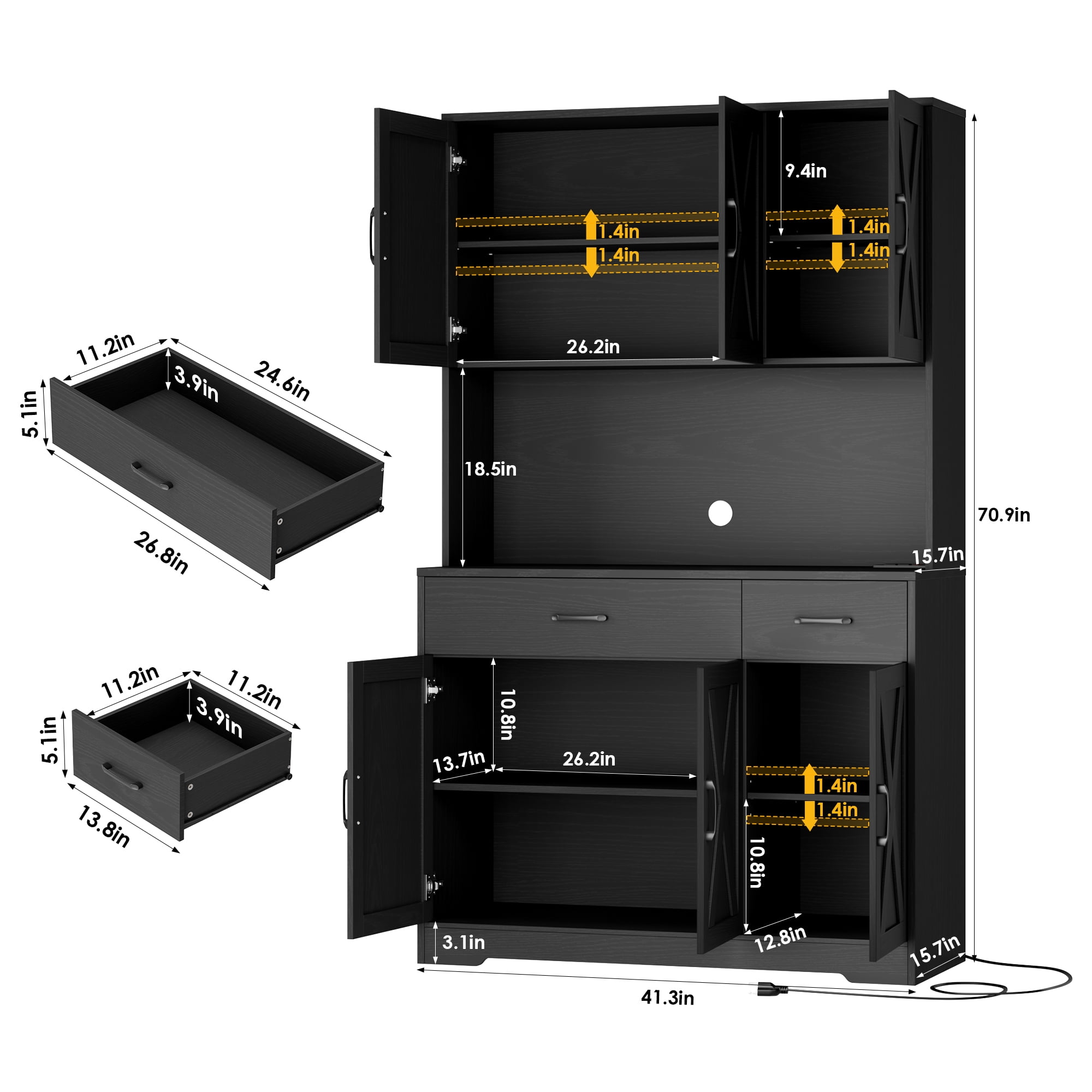 Homfa 71" Kitchen Pantry with Charging Station, Freestanding Cupboard with Adjustable Shelves, Floor Cabinet for Dining Room, Black Wood Grain