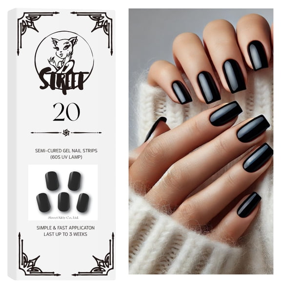 StreetKitty Semi Cured Gel Nail Strips, Classic Gloss Collection, 20 pcs Salon-Quality Gel Nail Wraps, Last up to 3 weeks, Vivid Glossy Colours Pallet (1, Classic Black)