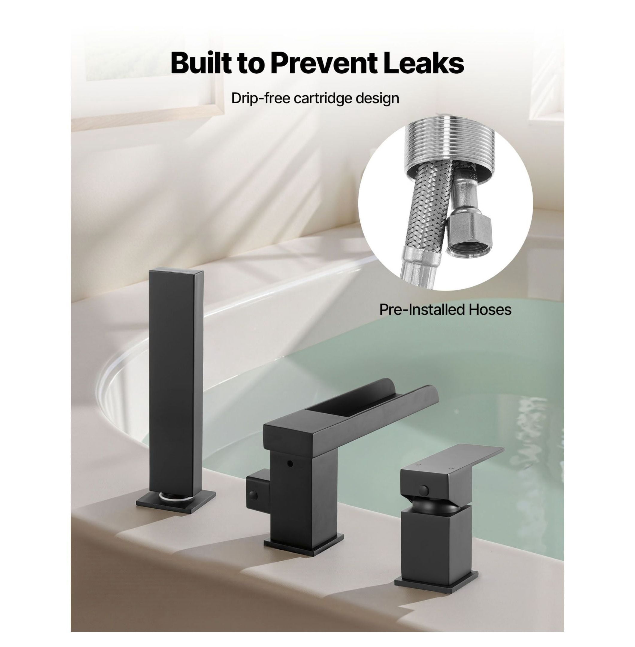 Roman Tub Faucet 3 Hole, Waterfall Bathtub Faucet Widespread, with Shower Head & Handle, Matte Black, High Flow, for Pet/Adult Bathing