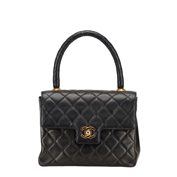 Pre-Owned CHANEL Matelasse Coco Mark Handbag with Top Handles, Black Lambskin, Women's (Good)