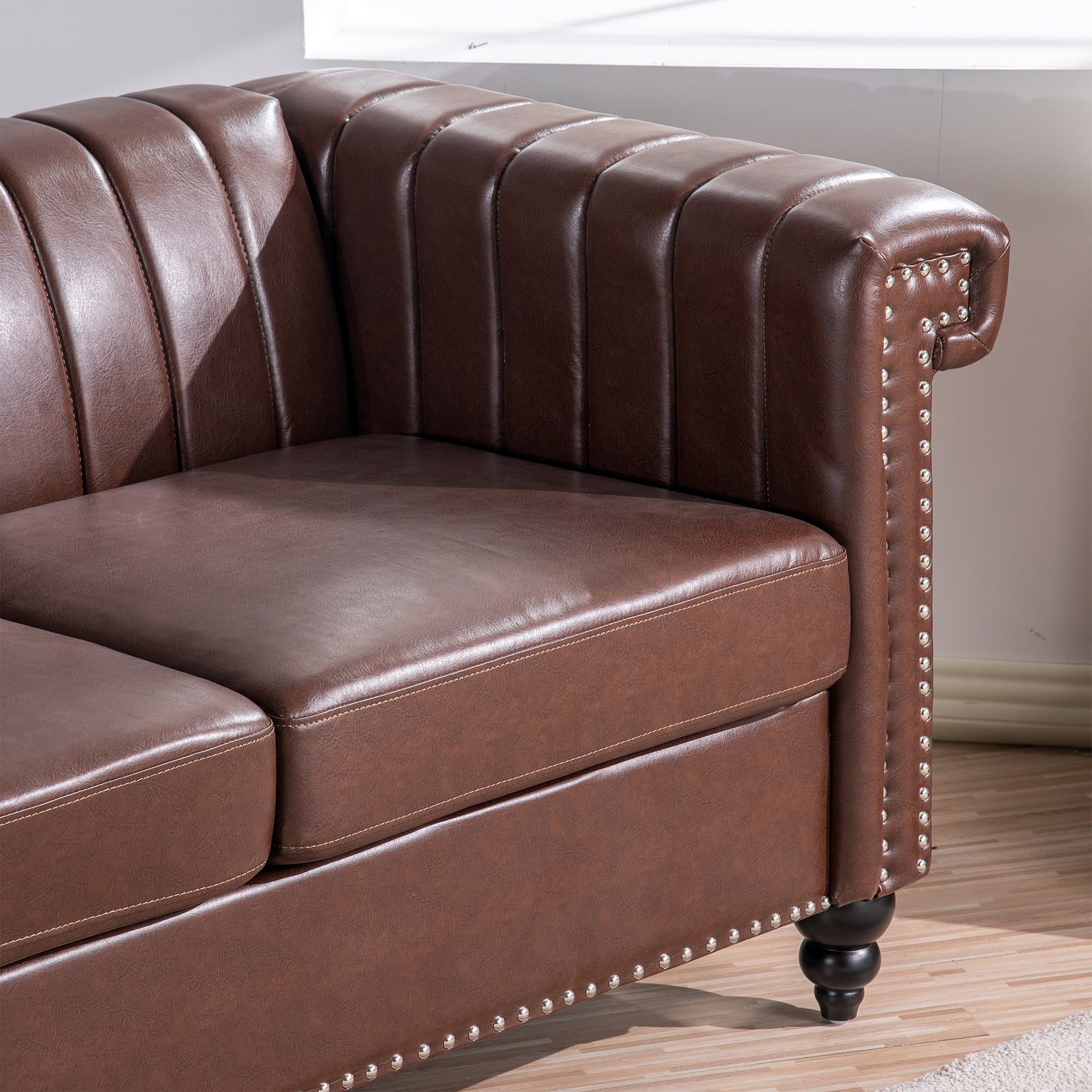 Kadyn 83.66" Removable Cushion 3 Seater Sofa, Modern Pu Sofa for Living Room, Upholstered Pu Sofa Couch with Traditional Square Arm, Dark Brown