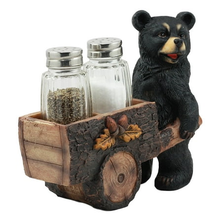 Ebros Black Bear Pushing Vintage Wagon Cart Salt And Pepper Shakers Holder Set