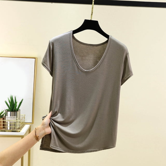 JMKQLZ T-shirt Décontracté pour Femmes à Manches Courtes, Col Rond, Fendu, Couleur Unie, Blouse de Maison