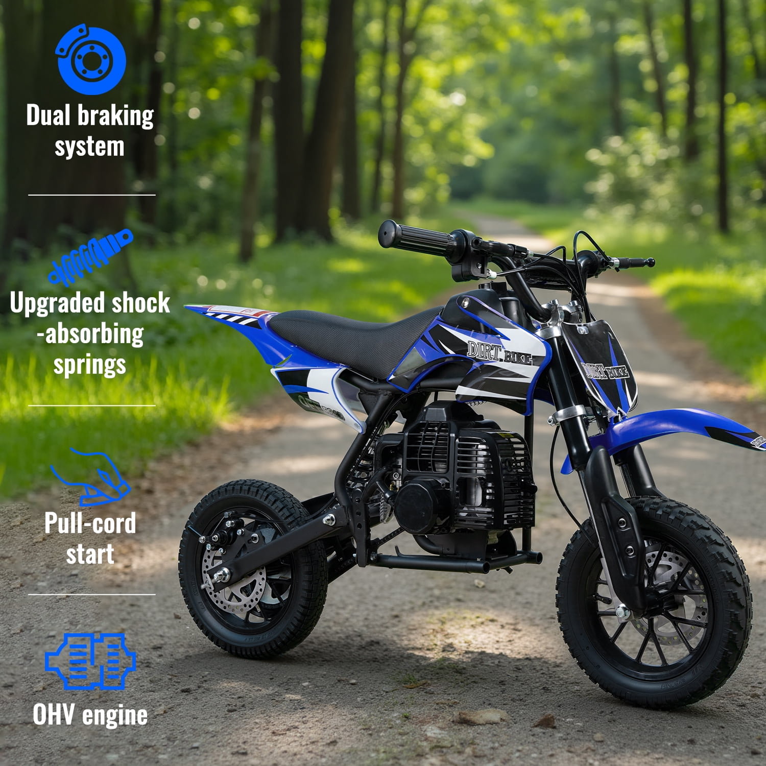 TOXOZERS 50cc 2-Stroke Dirt Bike ,Off-Road Mini Bike for Kids Ages 8+, Pit Bike with Safety Kill Switch, 25mph, 150 lbs, Blue