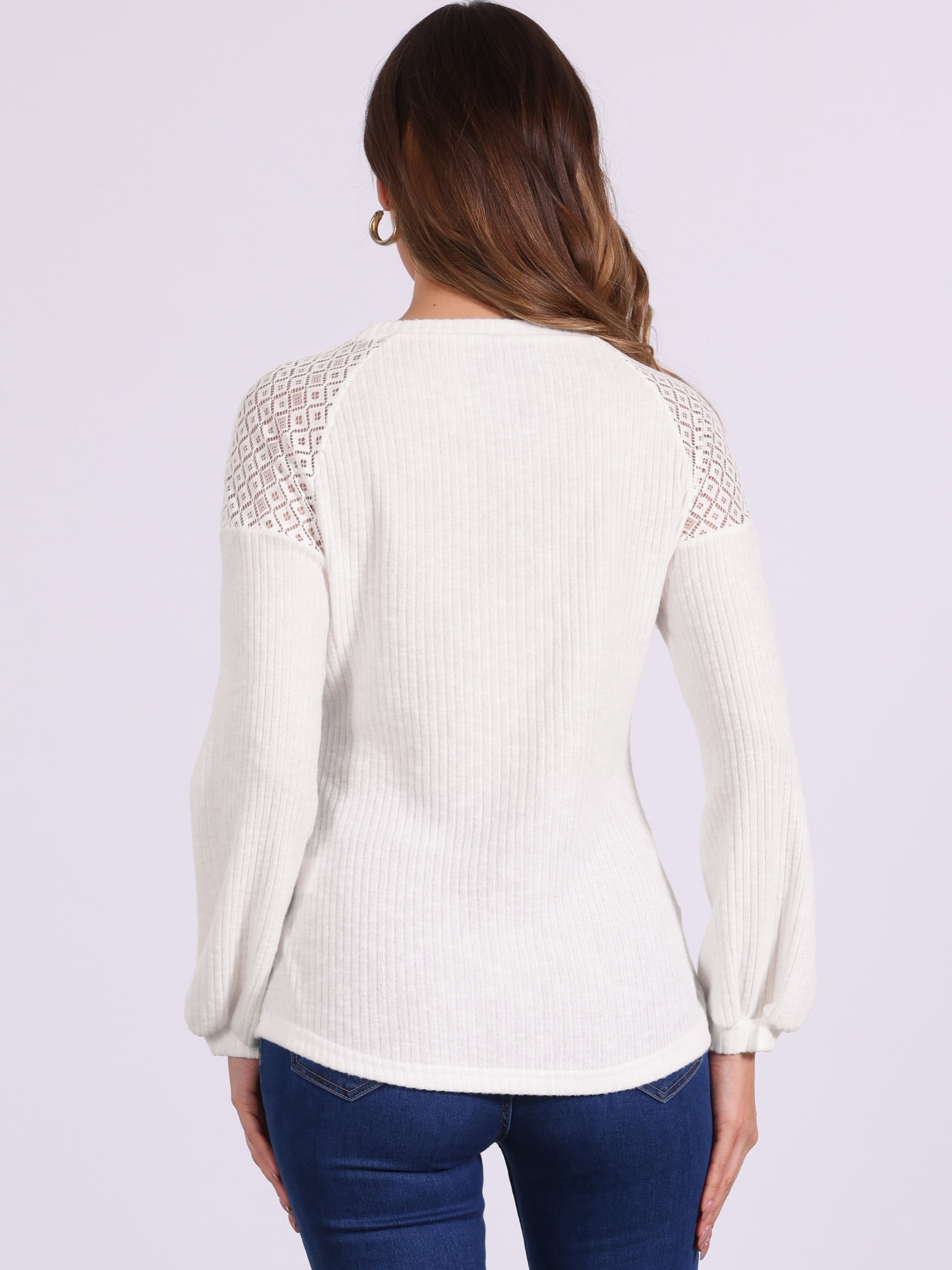 DARING DIVA Women's Chic Lace-Trimmed Crew Neck Knit Sweater Tops XS White