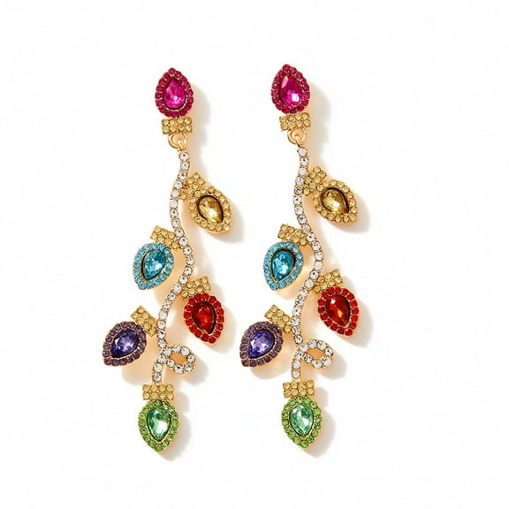 Elegant Christmas Tree Dangle Earrings for Women Vintage Colorful Rhinestone Leaf Long Ear Jewelry