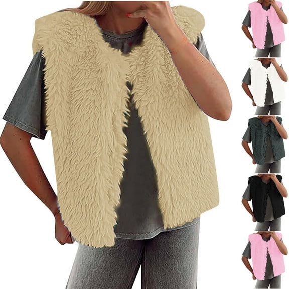 Ashirexll Womens Vests Outerwear, Womens Winter Coats, Faux Cropped Sleeveless Jacket Open Front Warm Winter Outerwear