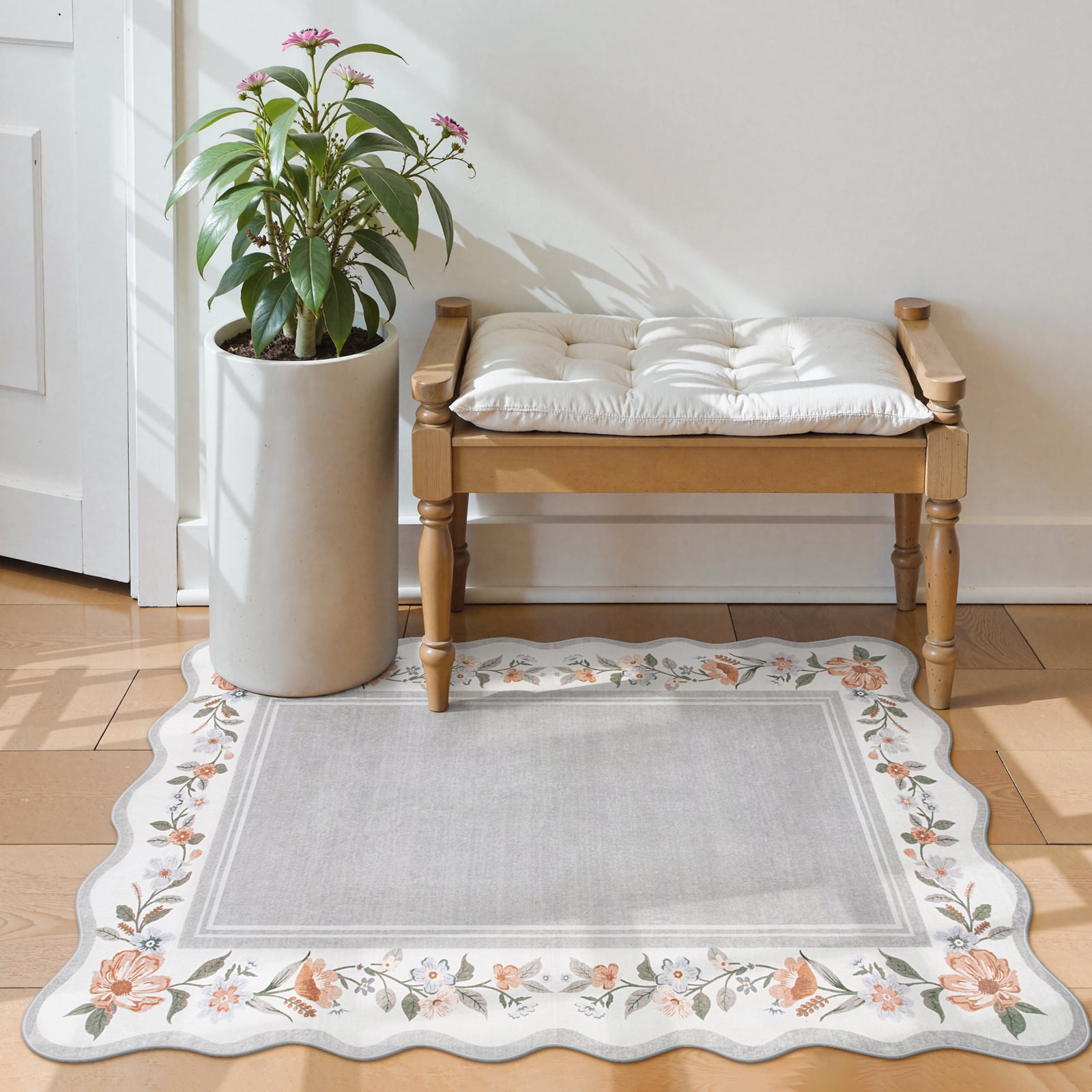 Lahome 2'x3' Grey Boho Floral Washable Small Rug,Ultra-Thin Scalloped Rug, Non-Slip & Stain Resistant,Soft Low-Pile Mat for Kitchen, Bathroom, Bedroom Front Door Indoor Entrance (2x3ft,Grey)
