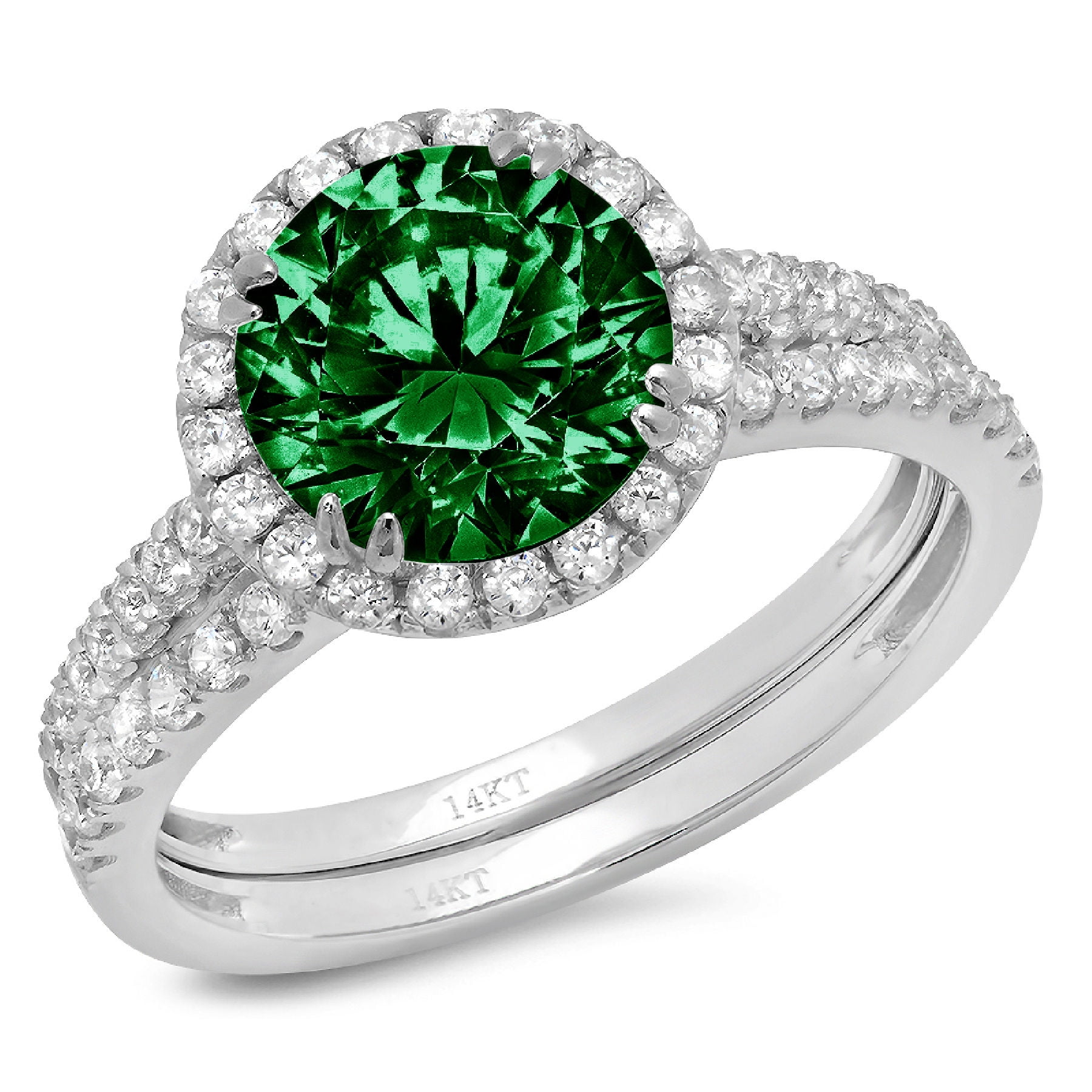2.50 Ctw Round Cut Green Emerald & Round Cut Diamond Engagement  Wedding Women's  Bridel  Ring Set  14k  White Gold Finish