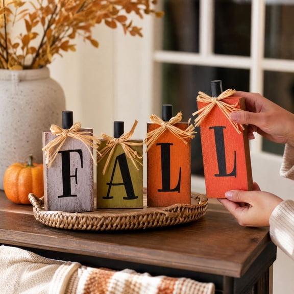 Edhome Fall Wooden Block Table Sign Thanksgiving Harvest Decor Set Rustic Farmhouse, Orange