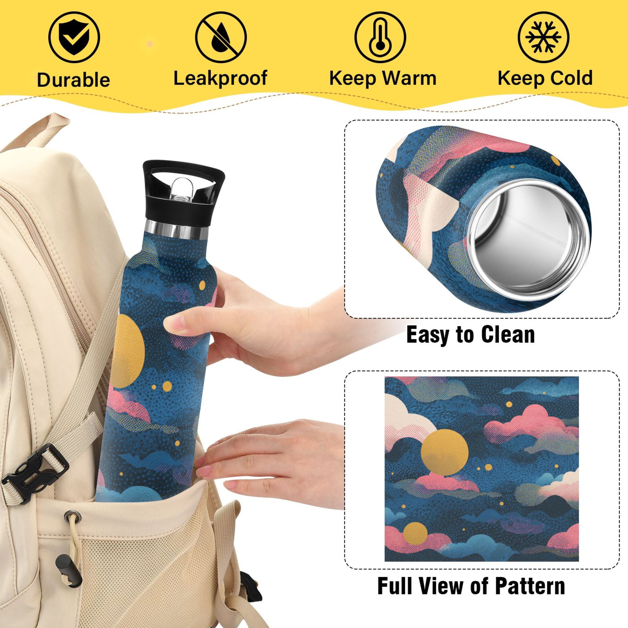 600ML Stainless Steel Insulated Cup Sports Water Bottle Portable Thermos Cup Water Glasses Insulated Tumblers Convenient and Durable Cartoon Color Cloud