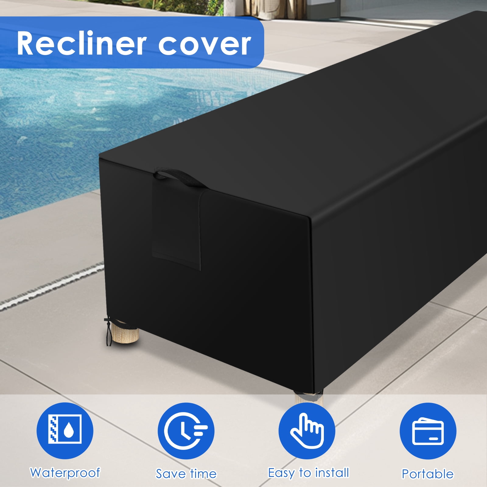 Waterproof Chaise Lounge Cover 600D Polyester Outdoor Patio Lounge Chair Protective Cover with Adjustable Drawstring for Outside Furniture
