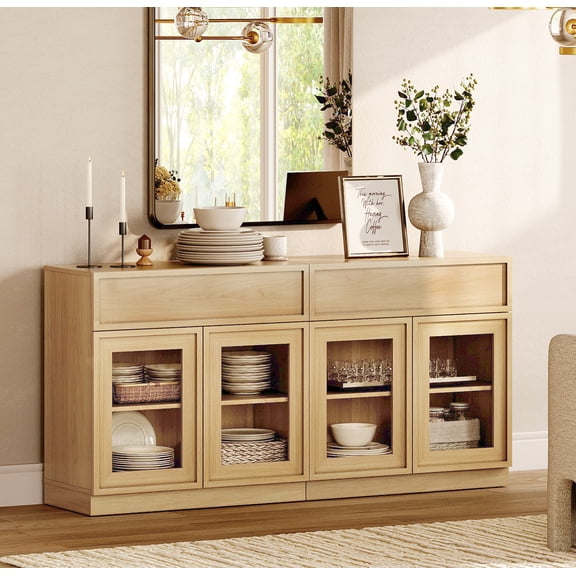 63" Modern Sideboard Buffet Cabinet with 4 Glass Doors and Drawers, Multifunctional Sideboard with Large Storage and Adjustable Shelf, Oak