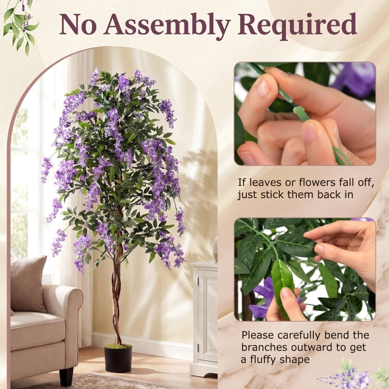 Vebreda Artificial Plant Decor, Set of 1/2 Fake Ficus Plant 6 FT Artificial Wisteria Tree with Natural Trunks and Purple Lifelike Flowers