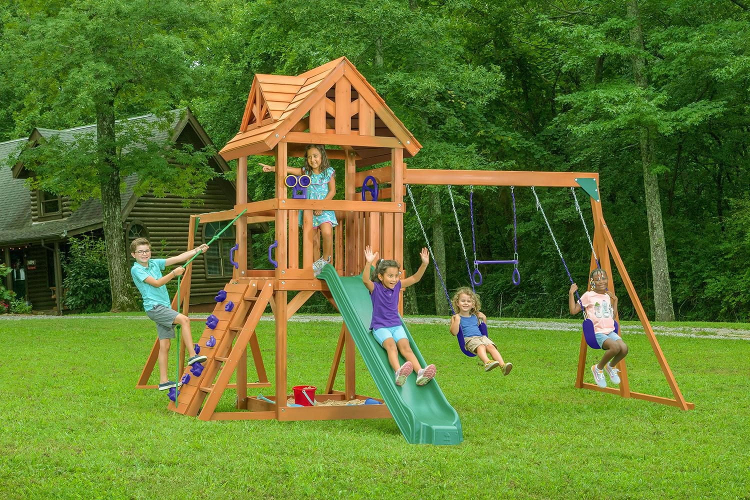 Mountain View Lodge Wooden Playset with Wood Roof Multi