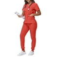 thumbnail image 2 of DENGDENG Joggers Scrub Set for Women Work Nursing V-Neck Short Sleeve Scrub Top Elastic Waist Jogger Pants 4 Way Stretch Nurse Uniform Loose Fit Scrubs Set with Pockets,Watermelon Red XXL, 2 of 5