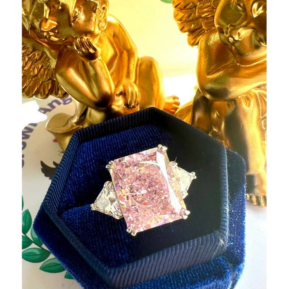 ELITE GEMS AND JEWELLERY 4.50 Carat Asscher Cut Vivid Pink Moissanite Diamond Ring, Best Anniversary Three Stone Engagaement Ring