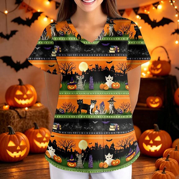 ASDFVBKG Soft Relaxed Fit Scrub Worker Scrub Tops Womens Plus Size Halloween V-Neck Short Sleeve Halloween Pattern Pumpkins Graphic Pocket Tunics with Pockets Yellow S