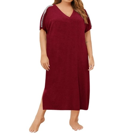 

Langwyqu Women Plus Size V-Neck Short Sleeve Loose Sleeping Dress Nightgown