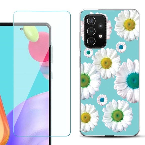 Slim-Fit Flexible Gel TPU Phone Case compatible with Samsung Galaxy A52 5G, with Tempered Glass Screen Protector, by OneToughShield ® - Daisy/Teal