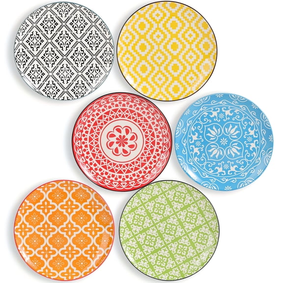 6-Piece Ceramic Dinner Plate Set - Colorful Round Salad & Appetizer Plates - Dishwasher/Microwave/Oven Safe - For Home, Restaurants & Parties