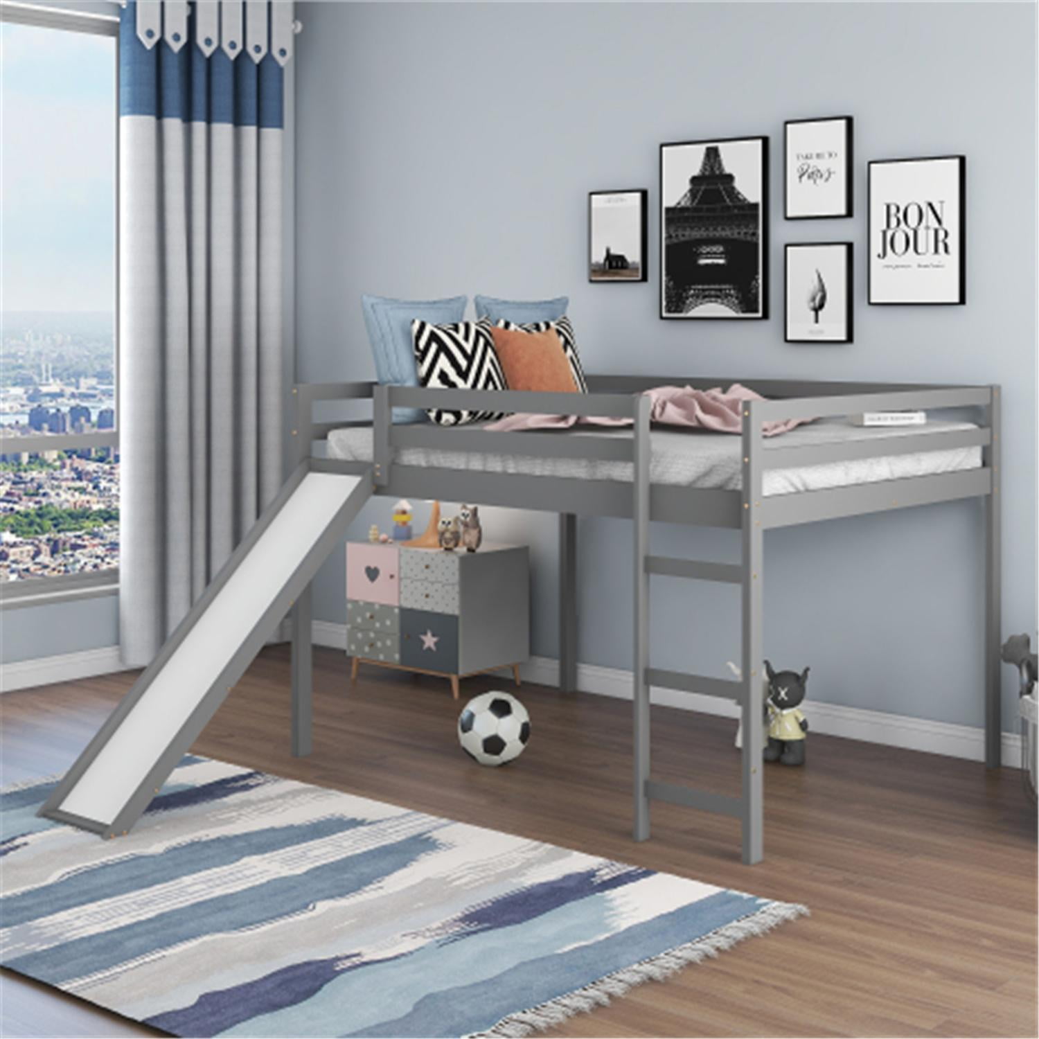 Full Size Loft Bed with Slide and Ladder, Wood Loft Kuwait Ubuy
