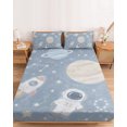 thumbnail image 2 of Full Size Fitted Sheet Set - Cartoon Universe 3 Piece Bedding Sets 16" Deep Pocket Fitted Sheet with 2 Pillowcases, Retro Blue Outer Space Moon Rocket Brushed Microfiber Hotel Luxury Bed Sheets, 2 of 9