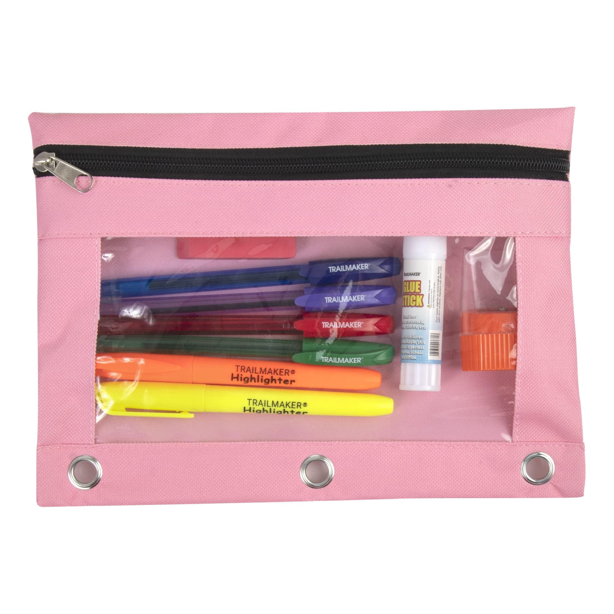 100 Pack of Bulk Wholesale 3 Ring Binder Clear Window Zippered Pencil Cases for Pens, Pencils, Markers, Scissors, Sharpeners, Erasers, Students and Classrooms in Pink, Light Pink, Magenta & Blue