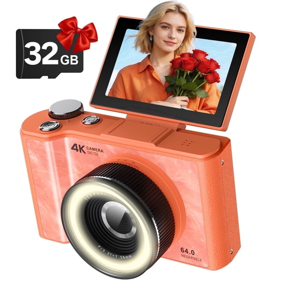W&O Q5 4K Digital Camera, 180° Flip Screen Point and Shoot Camera with Ring Light, SD Card, Orange