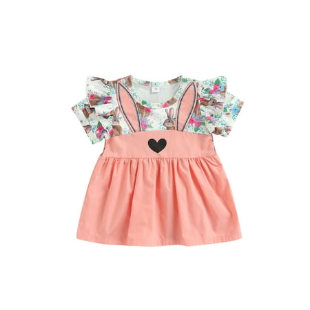 

aturustex 0-3T Kids Baby Girl Easter Dress Bunny Ear Dress Rabbit Flower Short Sleeve Summer Dresses