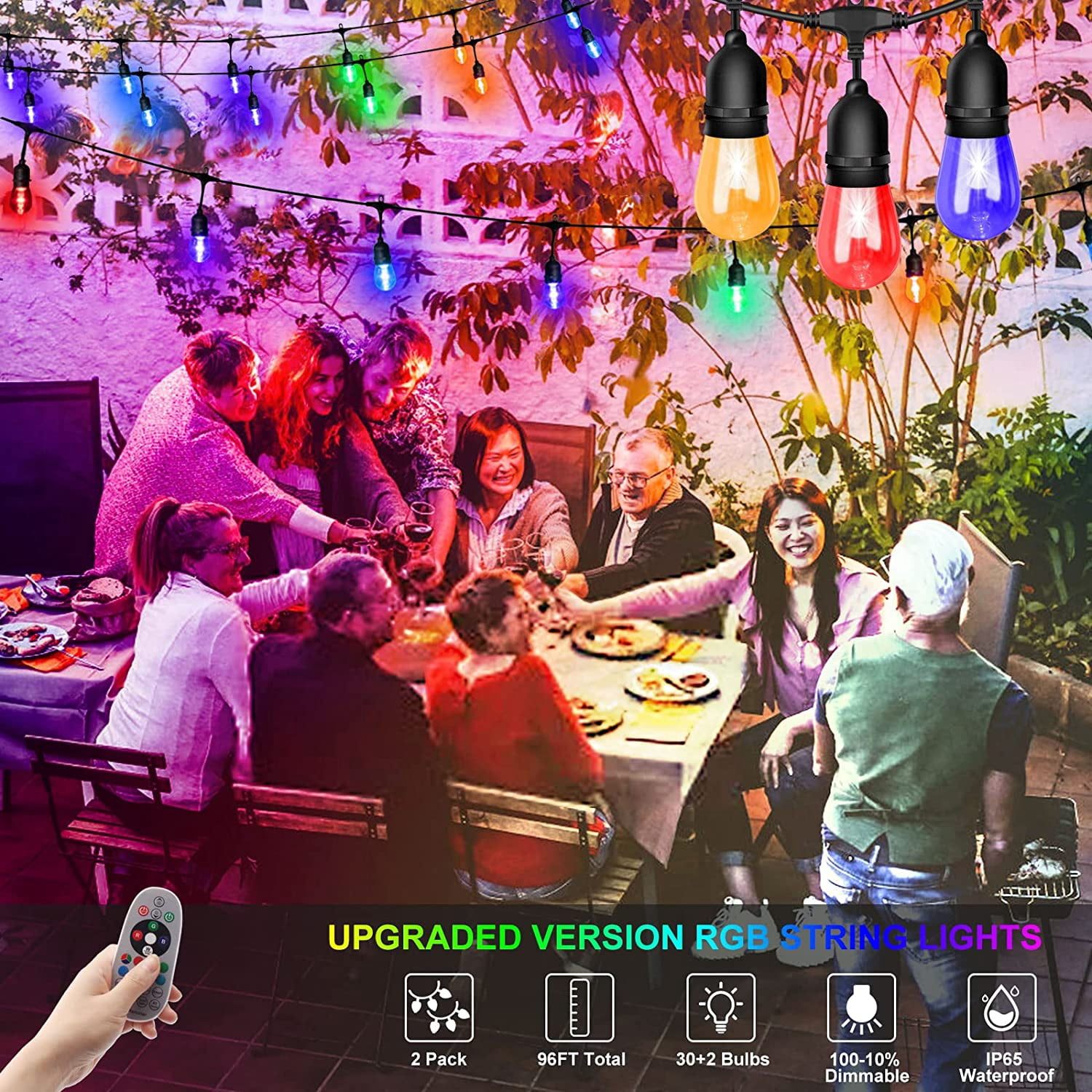 YI Lighting - 48ft Outdoor String Lights with 15pcs S14 RGBW Music-Synced Color Changing Bulbs Remote Control for Patio Yard Garden Party