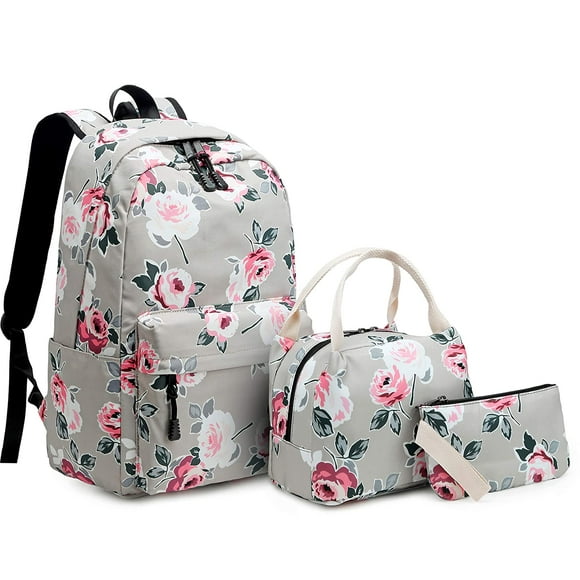 Girls Backpack Set Flowers School Backpack Daypack Women Teenagers Travel School Bag Laptop Backpack For Girls School 3 In 1 (Gray)