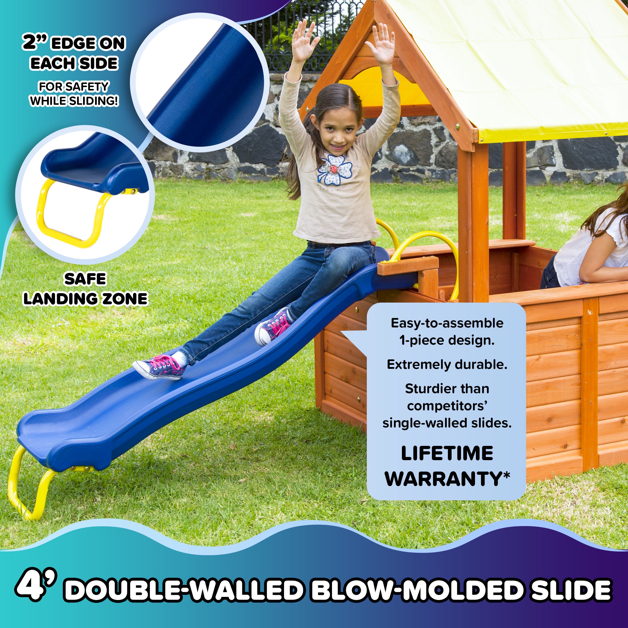 Sportspower Encinitas Wooden Playhouse with 4' Slide, Yellow Canopy & Table