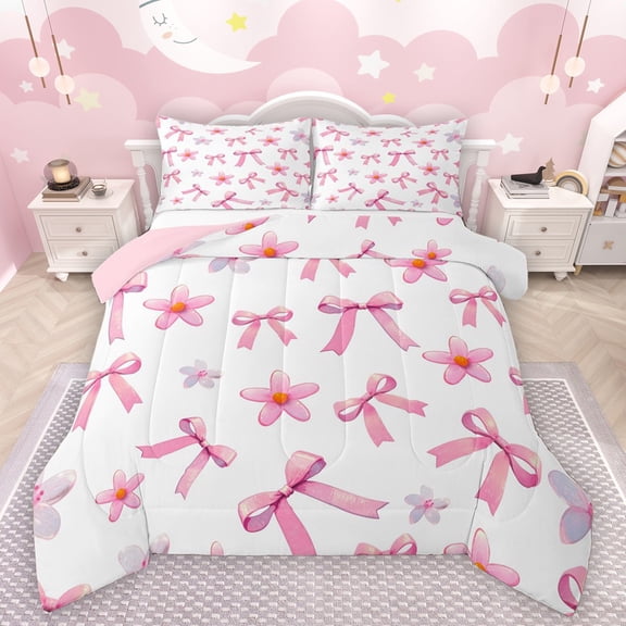 Castle Fairy Cartoon Bow Knot Bedding Comforter Set 2pcs for Preppy Child,Groovy Flowers Twin Comforter Sets Microfiber,Pink White Breathable Bedding Set,Super Cozy Room Decor,Reversible