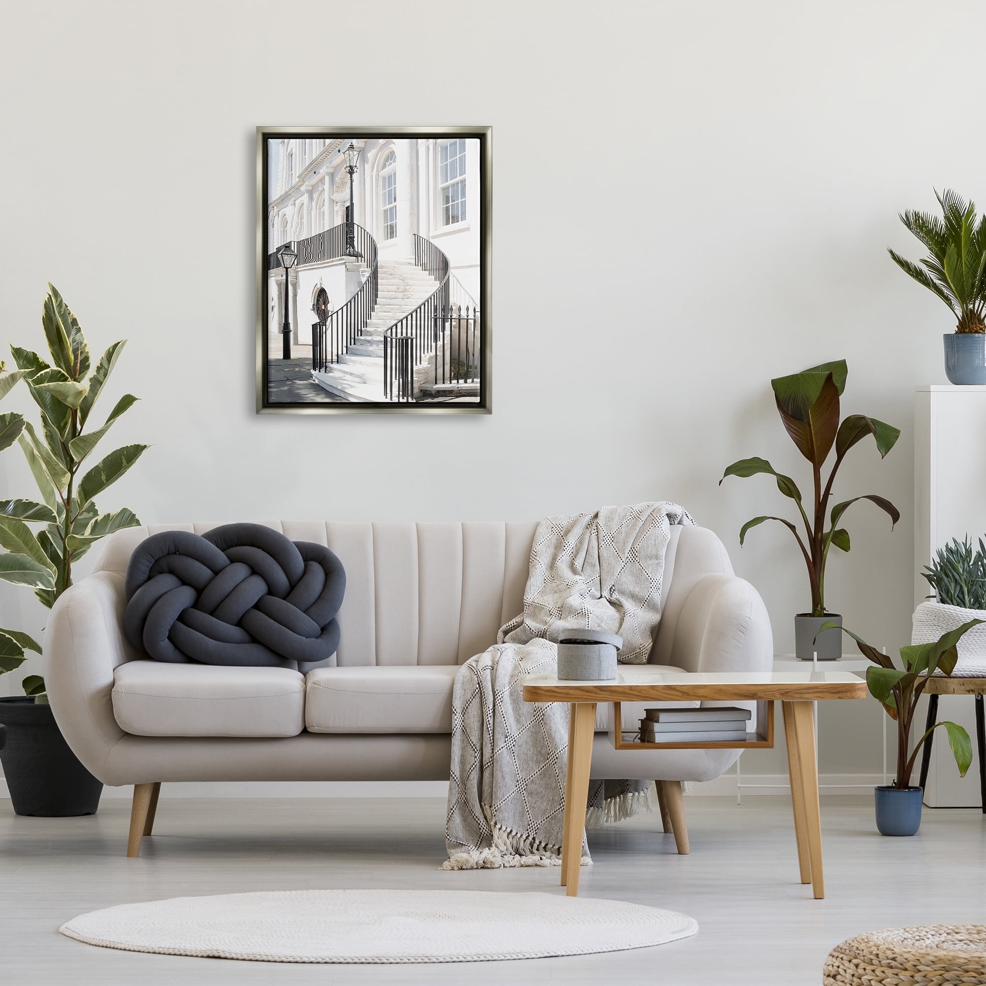 Stupell Industries White Staircase Architecture Travel & Places Painting Gray Floater Framed Canvas Art Print Wall Art, 25 x 31