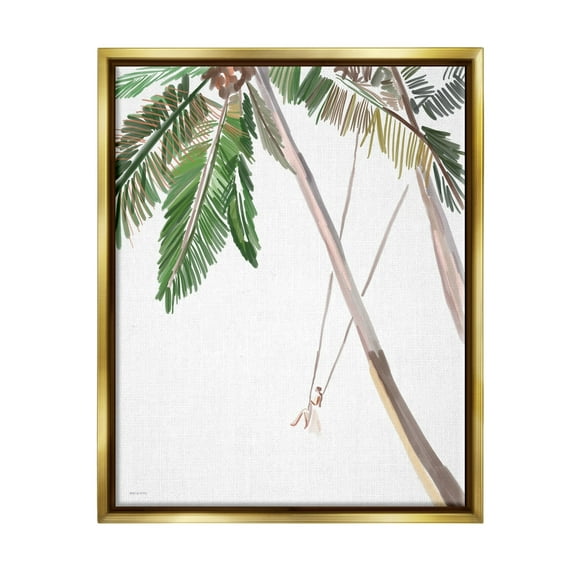 Stupell Industries Girl Swinging Tropical Palm Trees Casual Design Graphic Art Metallic Gold Floating Framed Canvas Print Wall Art, Design by Amelia Noyes