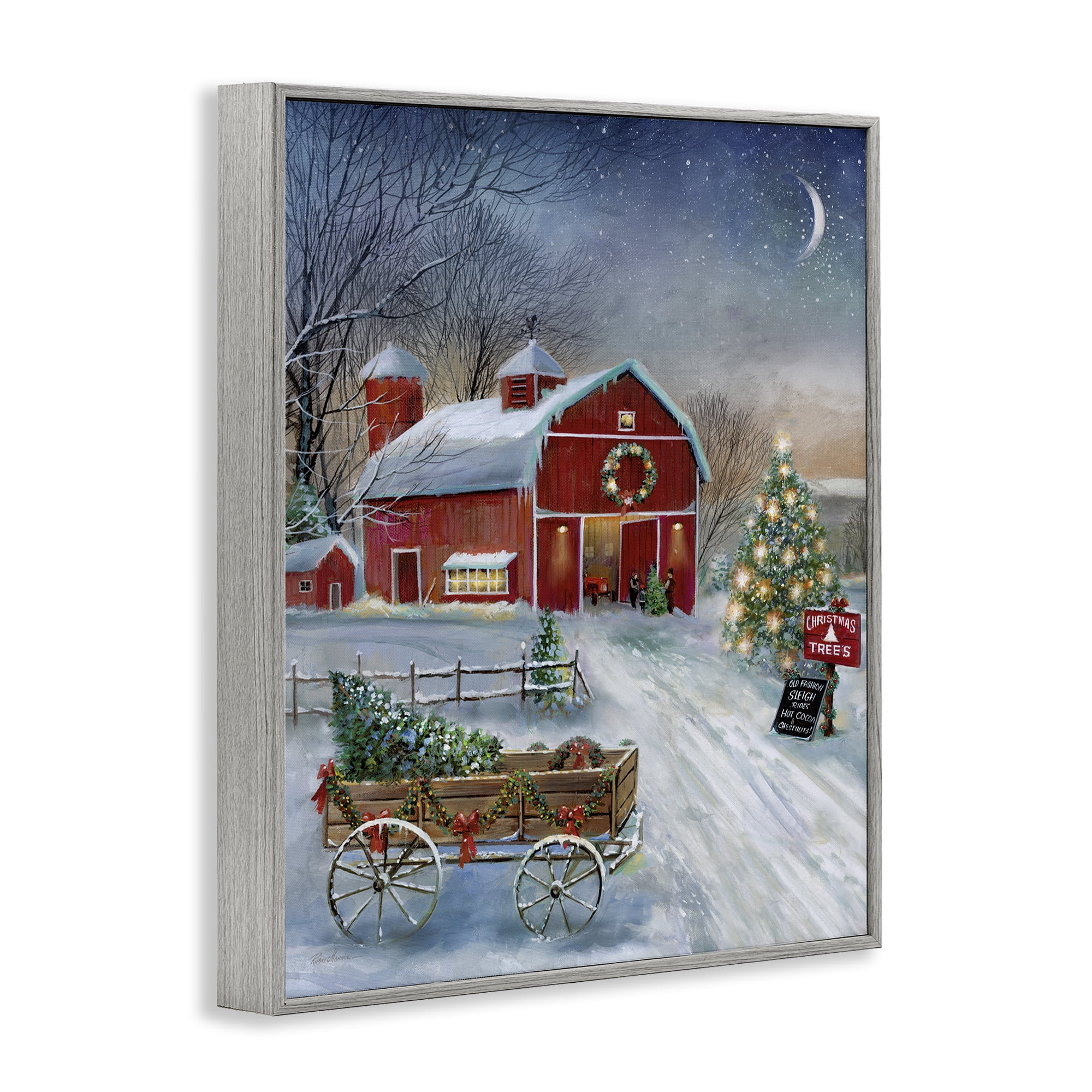 Stupell Industries Holiday Wagon & Barn Holiday Painting Gray Framed Art Prints Wall Art, 11 x 14