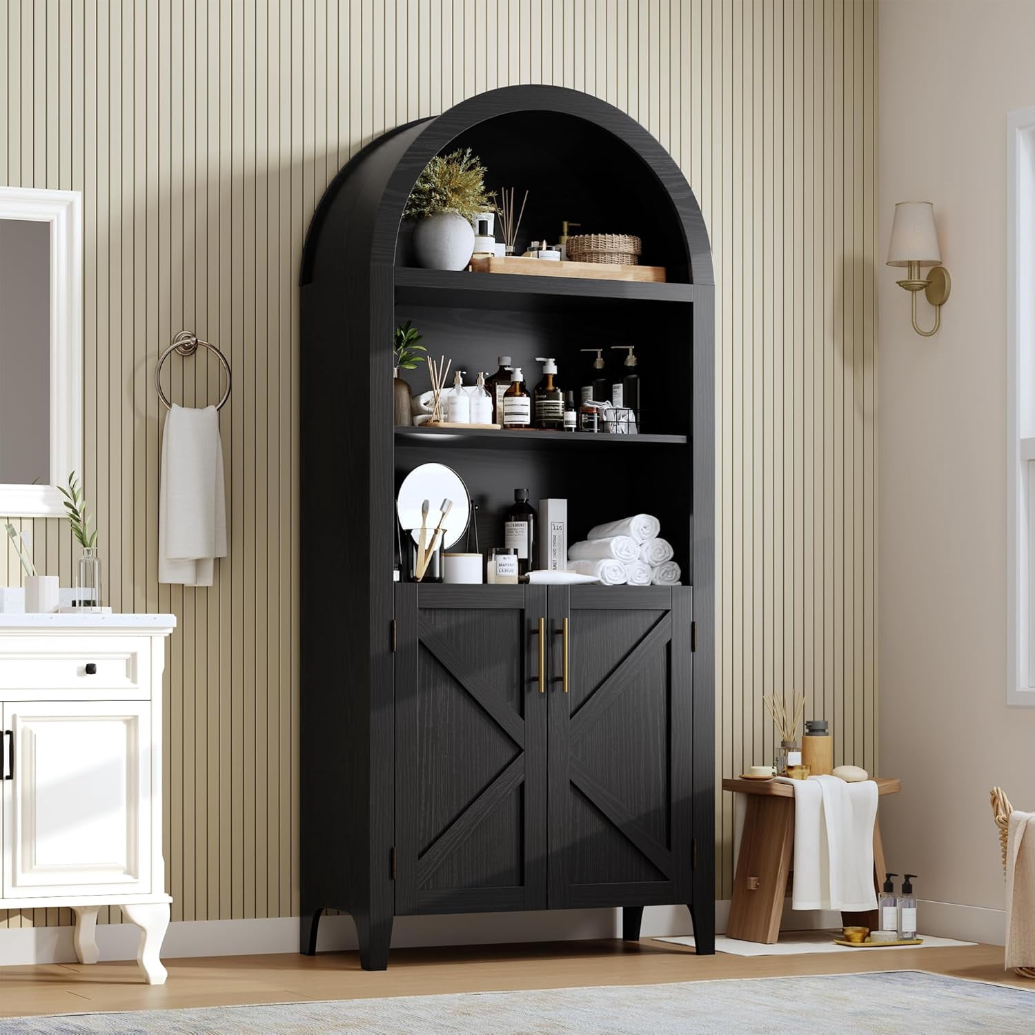 BouPower Arched Pantry Cabinet with Open Display Shelf,Kitchen Cabinet with Doors,Versatile Cupboard for Kitchen Dining Room