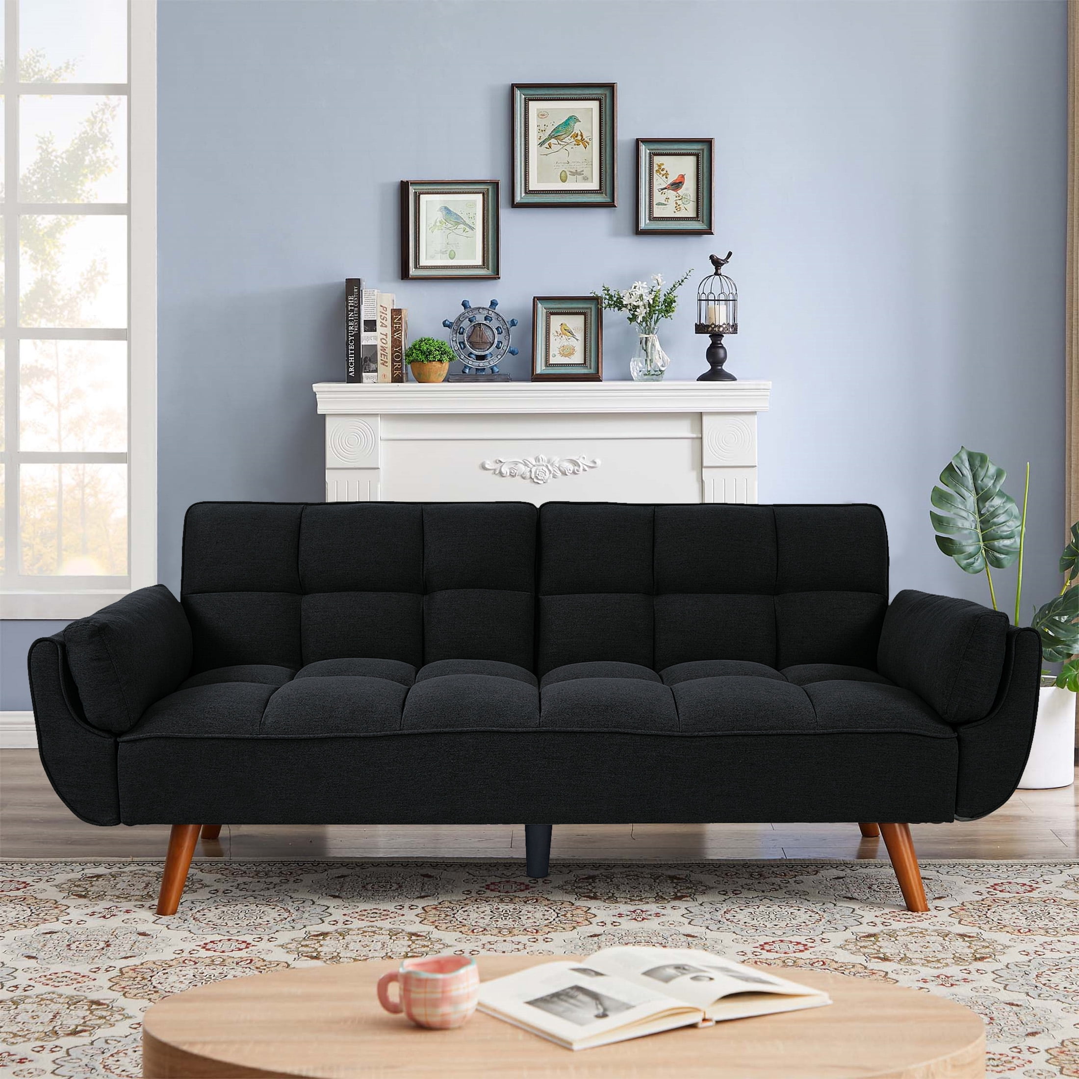 Aukfa 75" Flared Arm Futon Convertible Sofa Bed, Linen Sleeper Couch for Home Office, Black