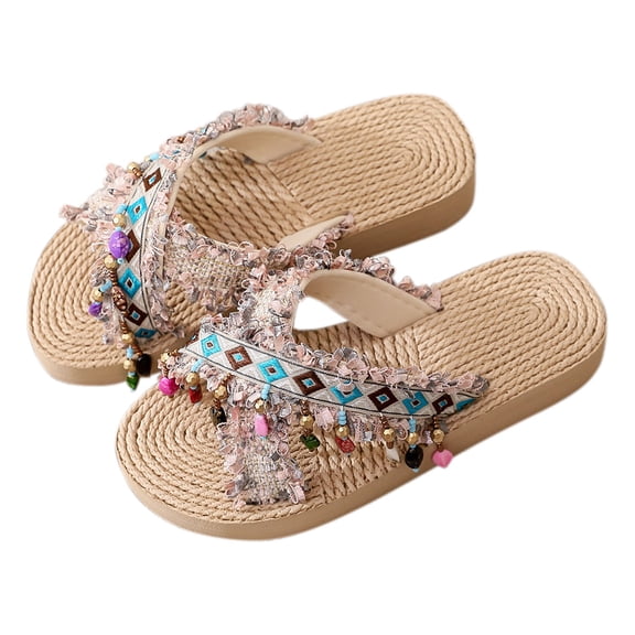 NOKIO Children'S Princess Themed Flip Flops Fashion Summer Children Girls Slippers Flat Bottom And Thick Bottom Light Ethnic Style Embroidered Tassel Beach Style Girls Whimsical Beach Sandals