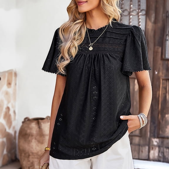 Vedolay Dressy Tops For Women Women's Summer Casual Short Sleeve Tops Cute Pleated Tunic T-Shirt,Black S