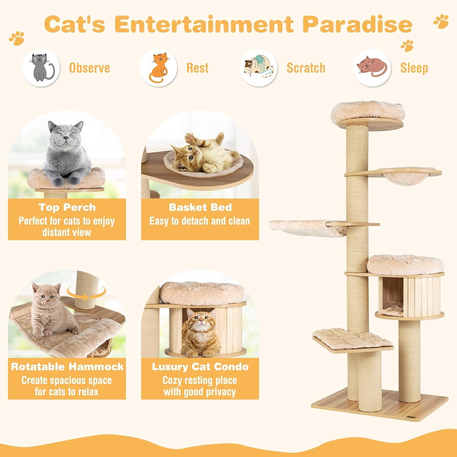 75 Inches Tall Cat Tree for Indoor Cats, Large Cat Tree Tower with Scratching Posts, Cat Condo, Hammock and Basket, Multi-Level Modern Cat Tree for Large Cats 20 lbs Heavy Duty