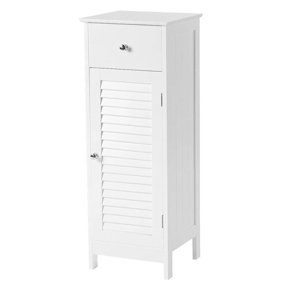 Bathroom Storage Cabinet, Freestanding Floor Cabinet with 1 Drawer and 1 Door, Wooden Organizer Unit with Shelf for Living Room, L12.6xW12xH34.5 Inches, White
